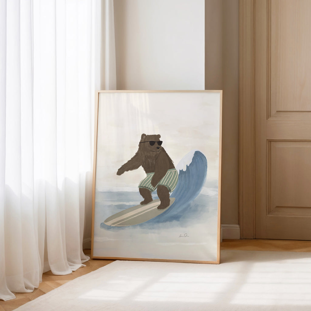 L'ours surfeur, illustration d'Émilie J. Ouellet – affiche encadrée