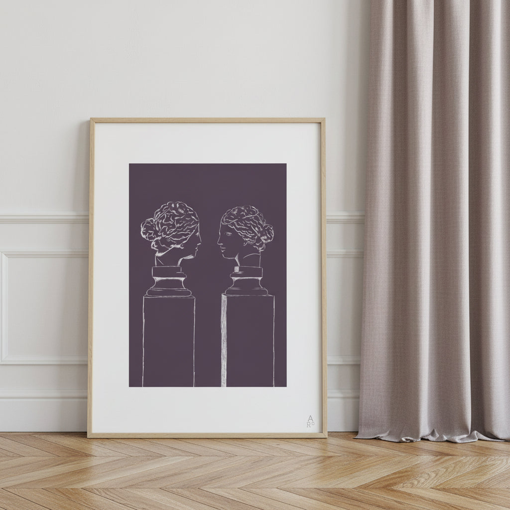 Double buste violet, bustes antiques face à face sur fond violet – Aude de Riberolles