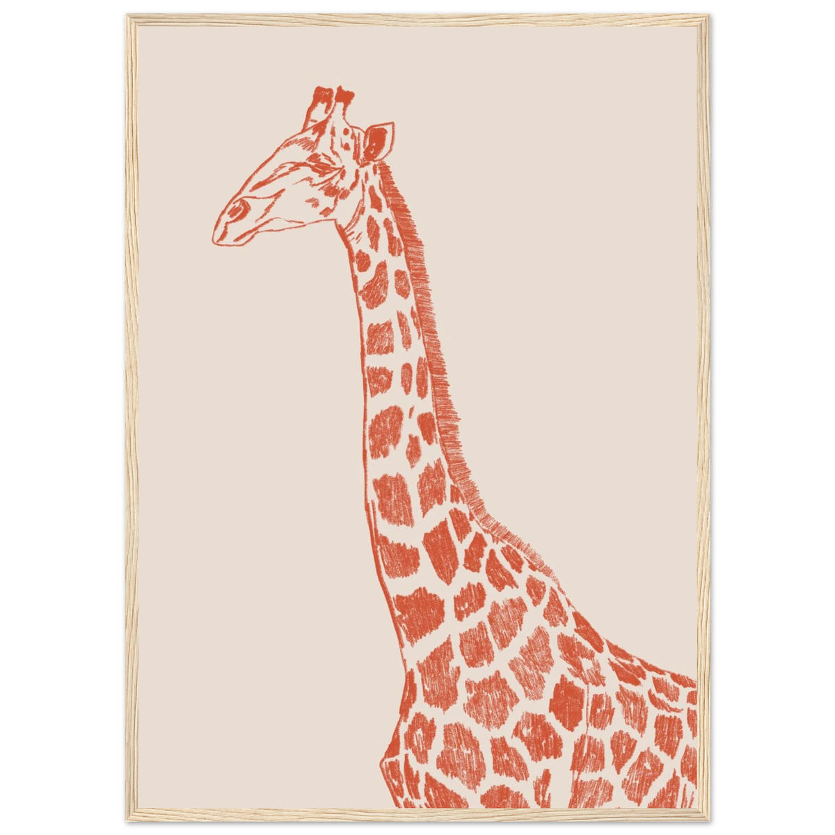 La grande girafe version couleur, illustration au crayon d'Aude de Riberolles – affiche encadrée