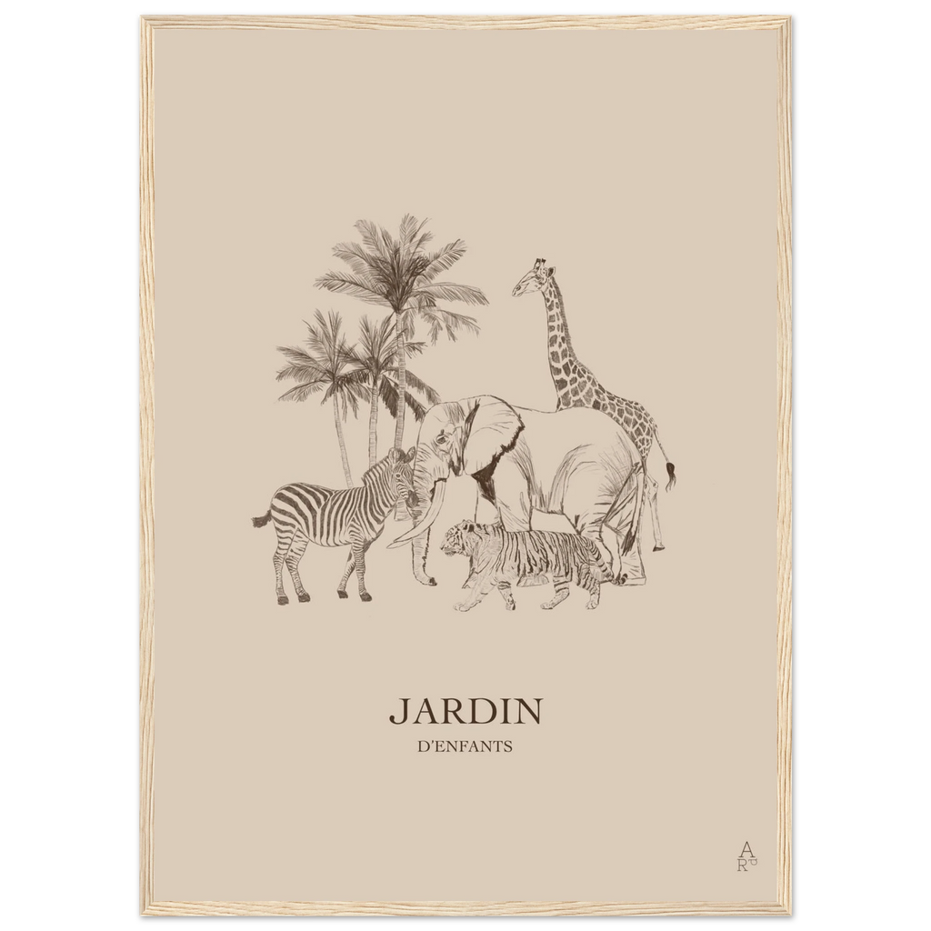 Jardin d'Enfants version marron, scène animale au crayon – affiche encadrée d'Aude de Riberolles