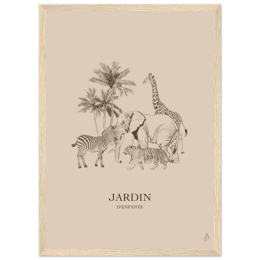 Jardin d'Enfants : girafe, éléphant, zèbre et tigre au crayon – affiche encadrée