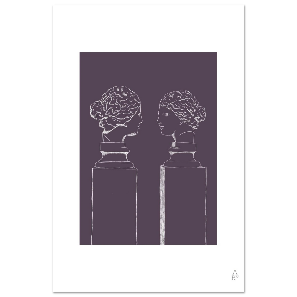 Affiche Double buste violet, sculpture classique et touche moderne – ADR Gallery