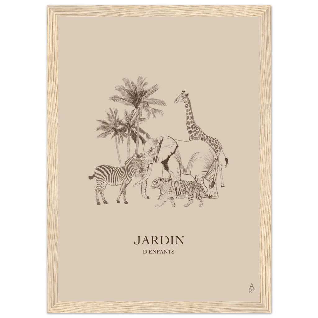 Jardin d'Enfants version marron, animaux sous les palmiers au crayon