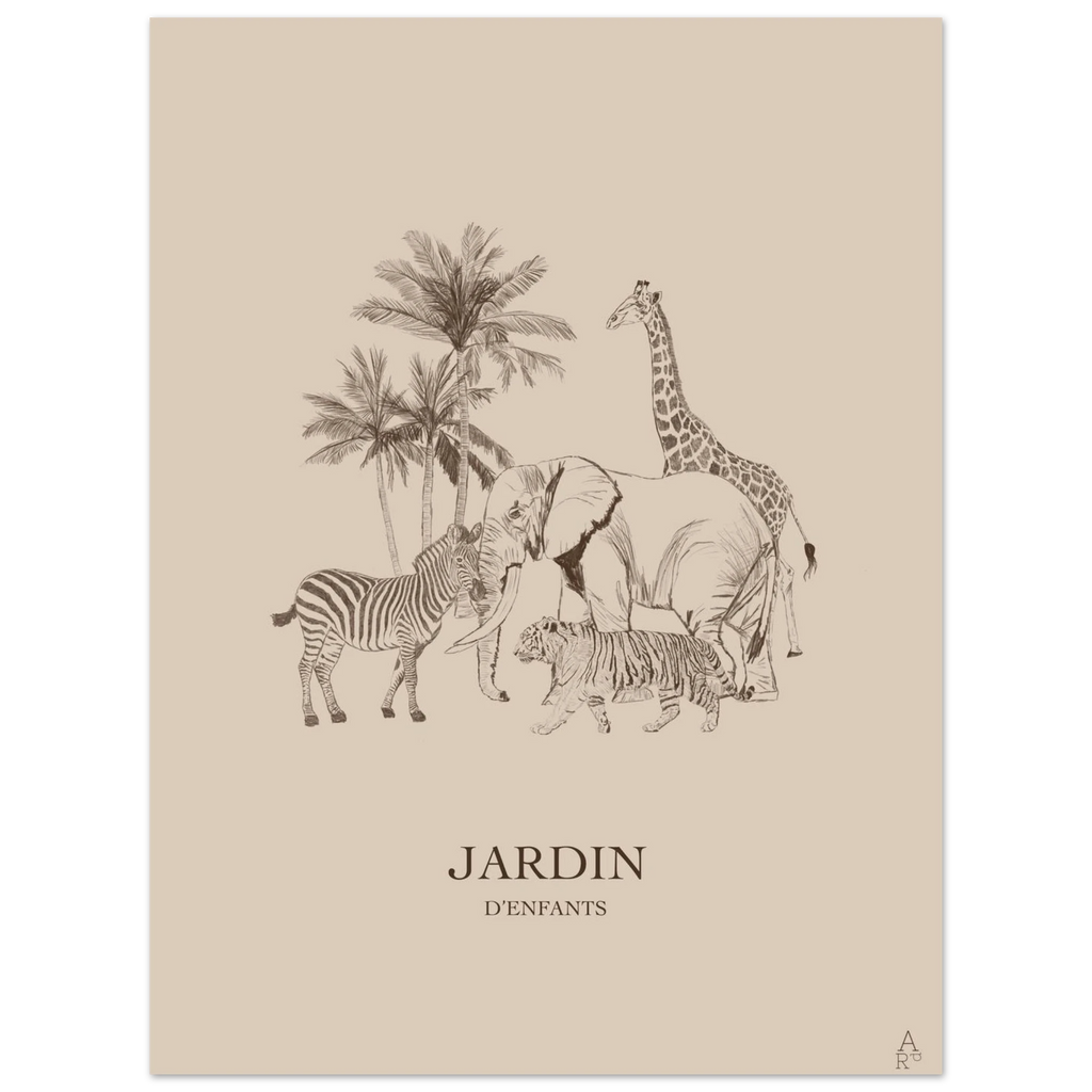 Jardin d'Enfants : girafe, éléphant, zèbre et tigre sous les palmiers au crayon