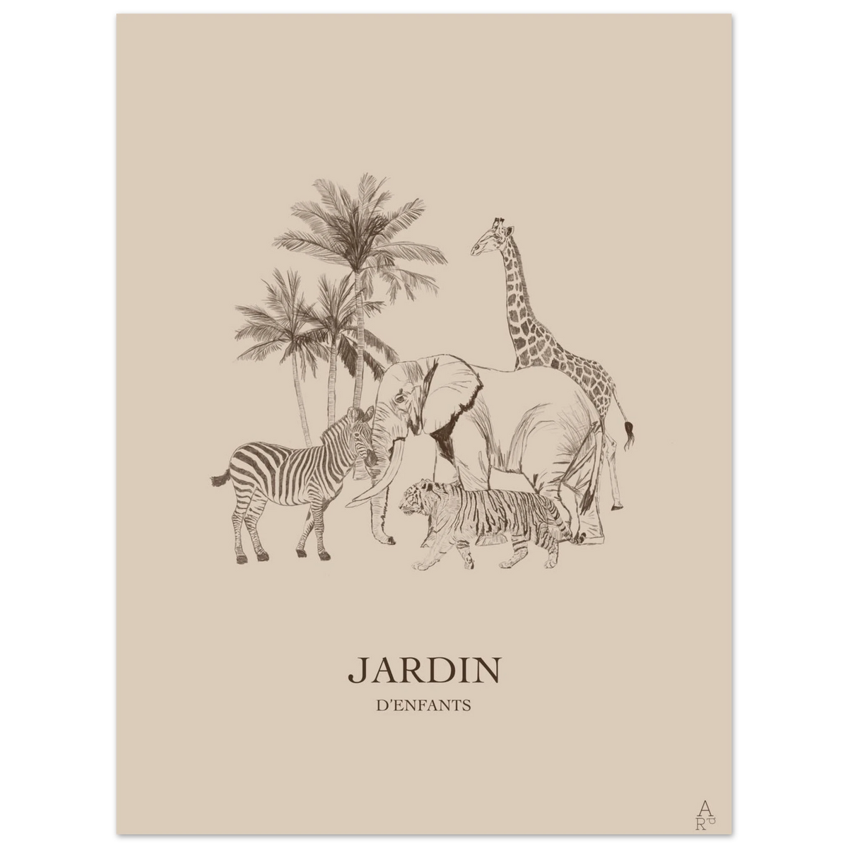 Jardin d'Enfants : girafe, éléphant, zèbre et tigre sous les palmiers au crayon