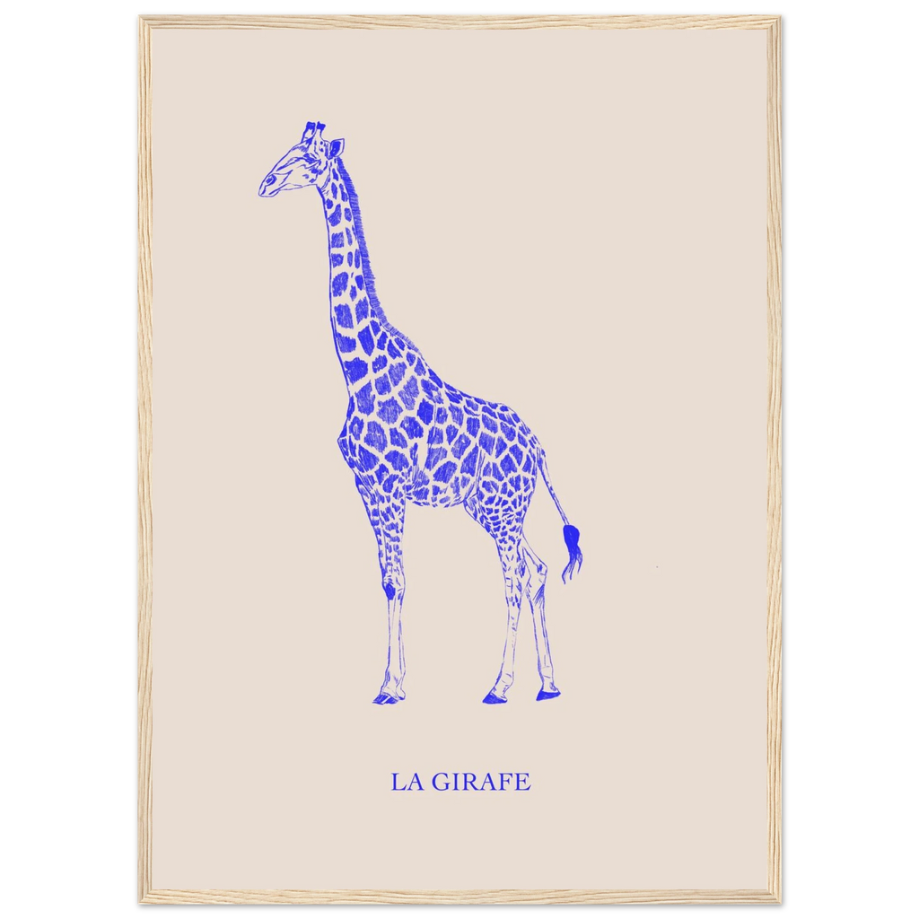La girafe version bleu électrique, illustration au crayon d'Aude de Riberolles – affiche encadrée