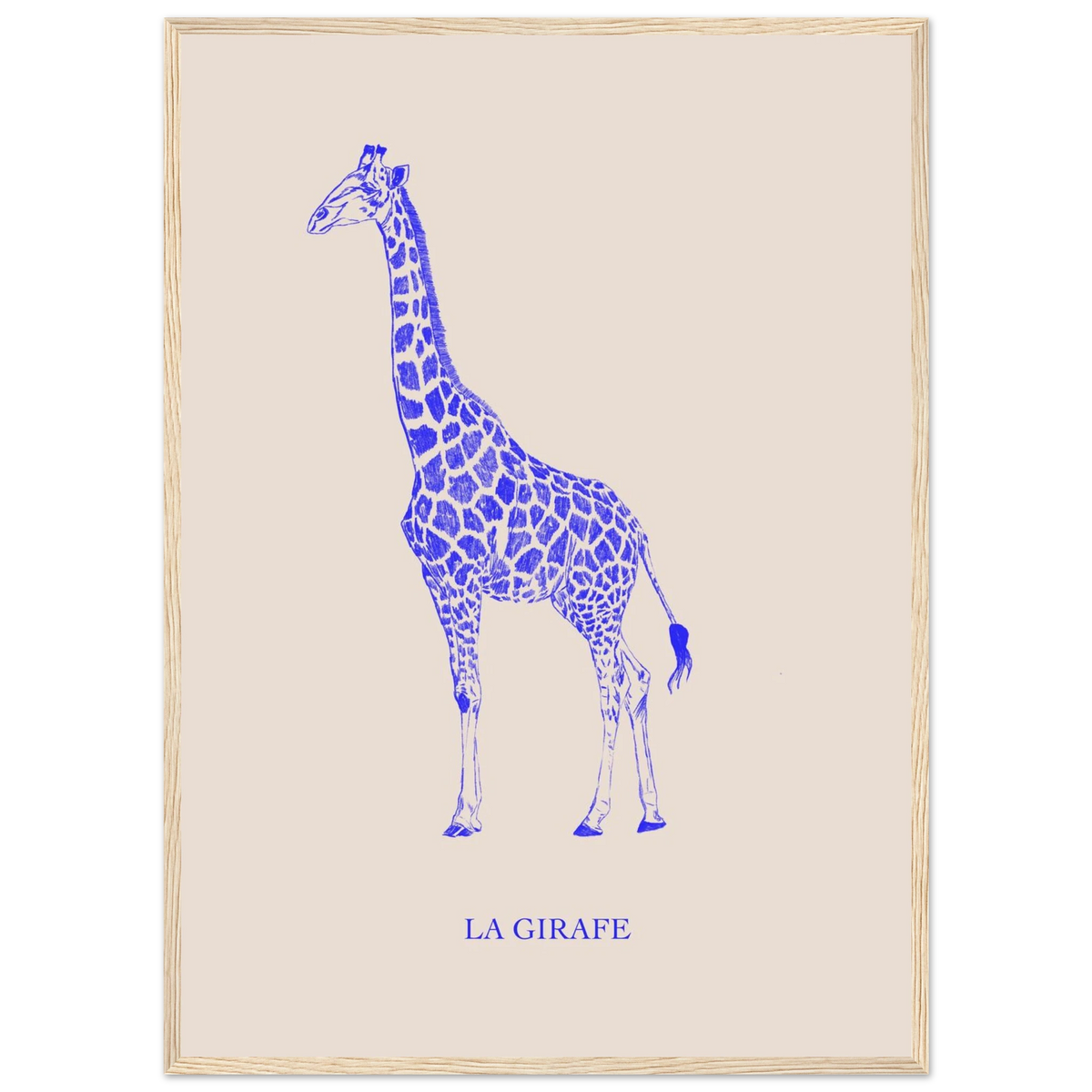 La girafe version bleu électrique, illustration au crayon d'Aude de Riberolles – affiche encadrée