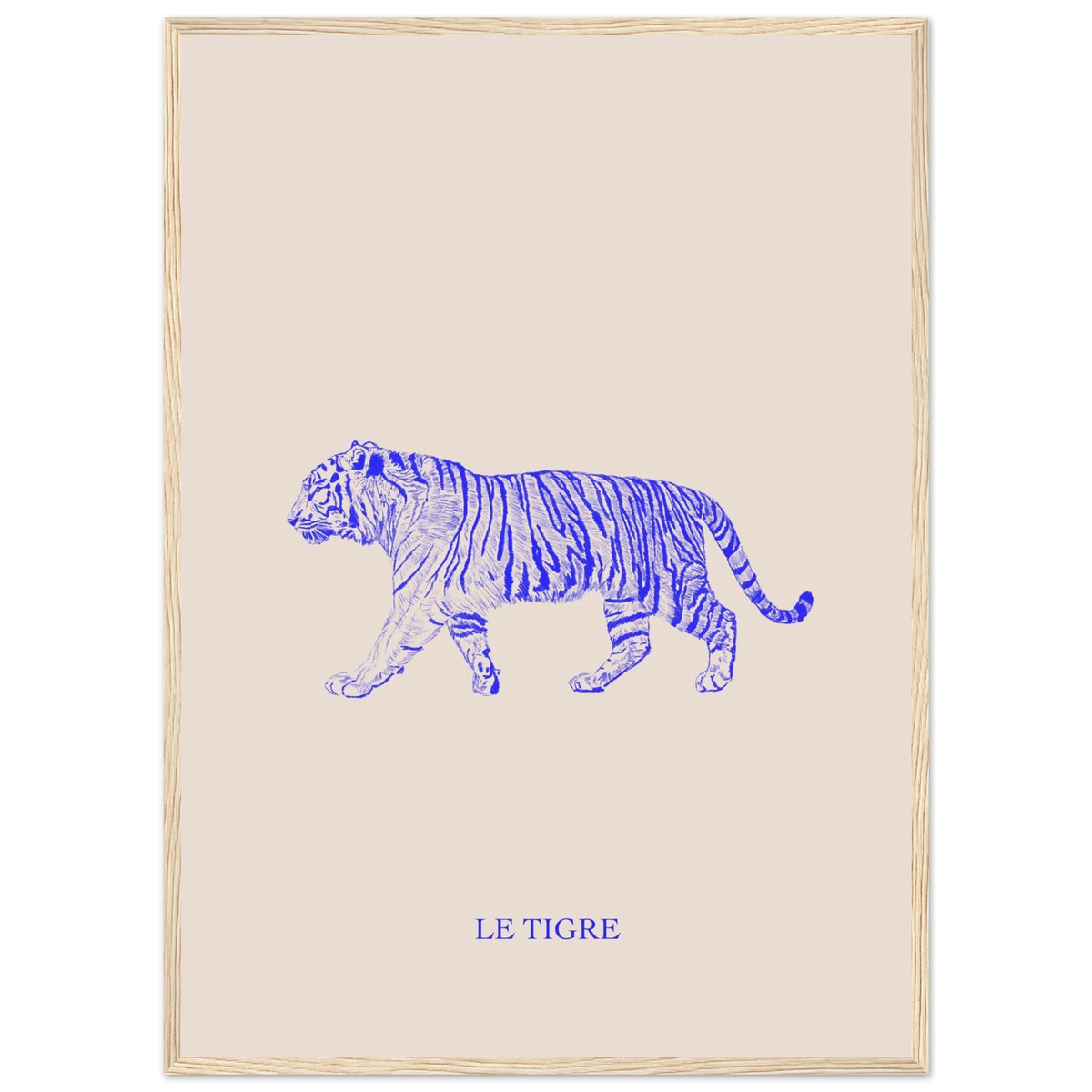 Le tigre version bleu électrique, illustration au crayon d'Aude de Riberolles – affiche encadrée