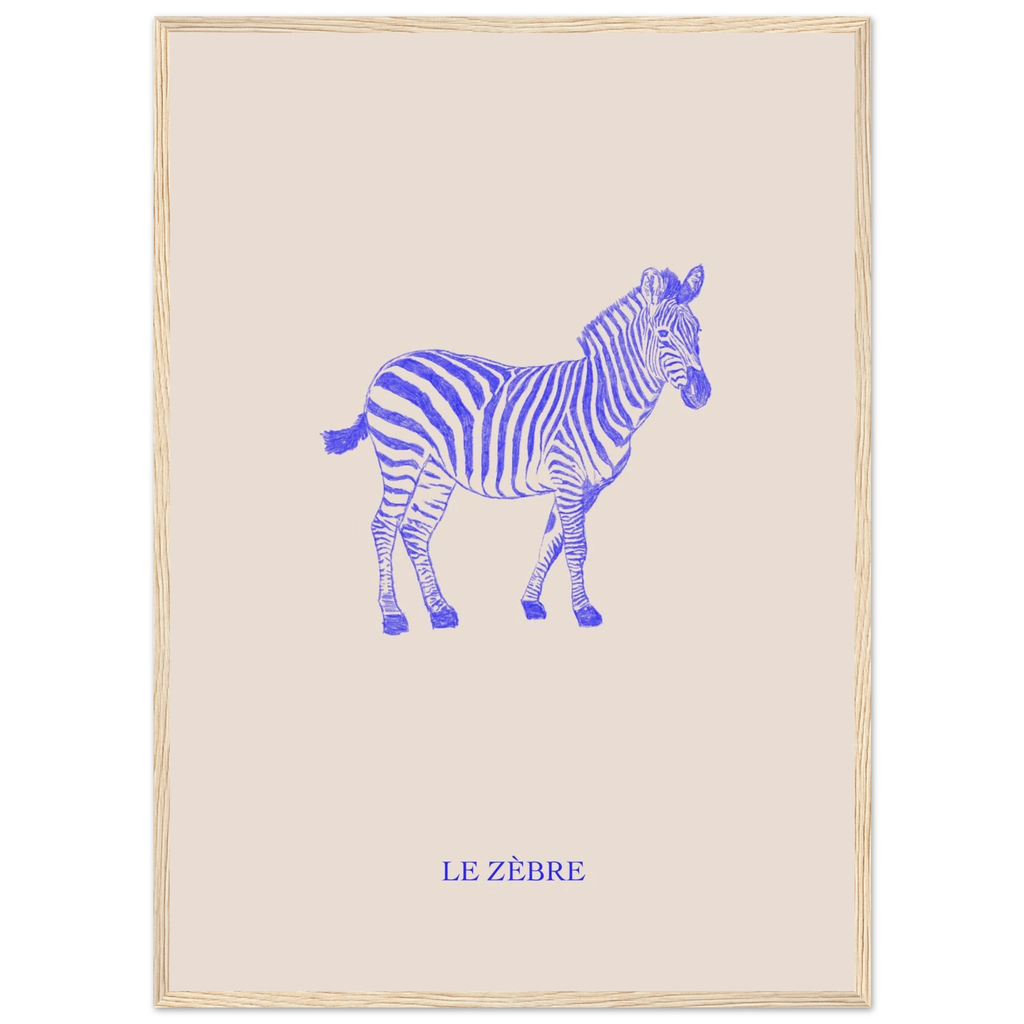 Le zèbre version bleu électrique, illustration au crayon d'Aude de Riberolles – affiche encadrée