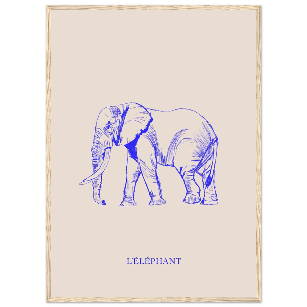 L'éléphant version bleu électrique, illustration au crayon d'Aude de Riberolles – affiche encadrée