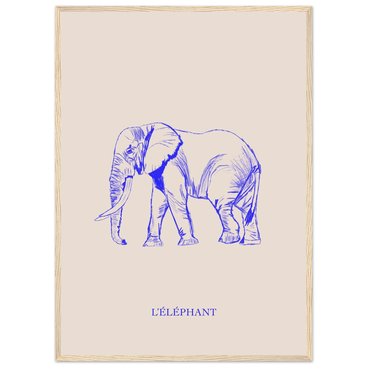 L'éléphant version bleu électrique, illustration au crayon d'Aude de Riberolles – affiche encadrée