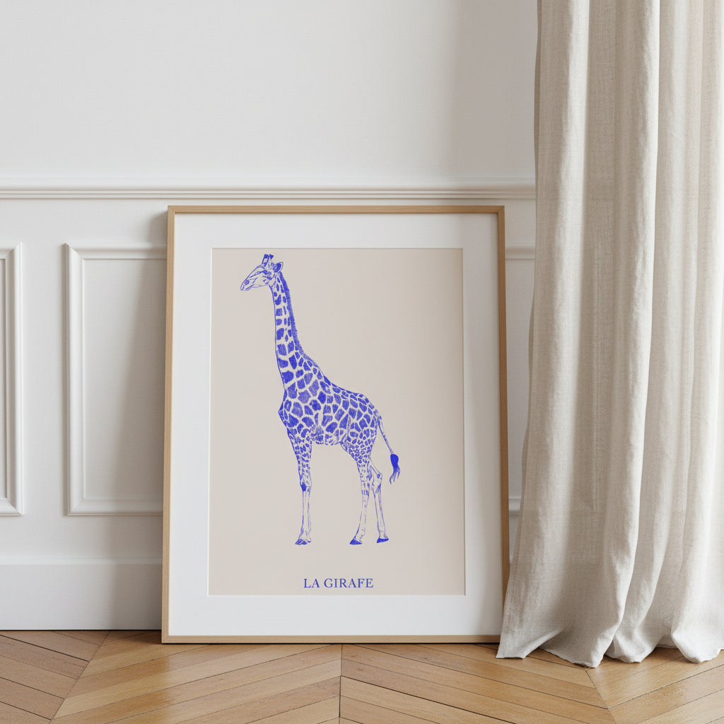 La girafe version bleu électrique, affiche cadeau de naissance – Aude de Riberolles