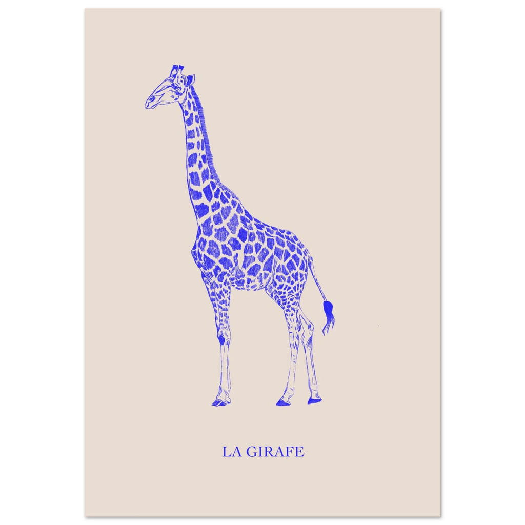 La girafe bleu électrique, illustration au crayon pour chambre de bébé