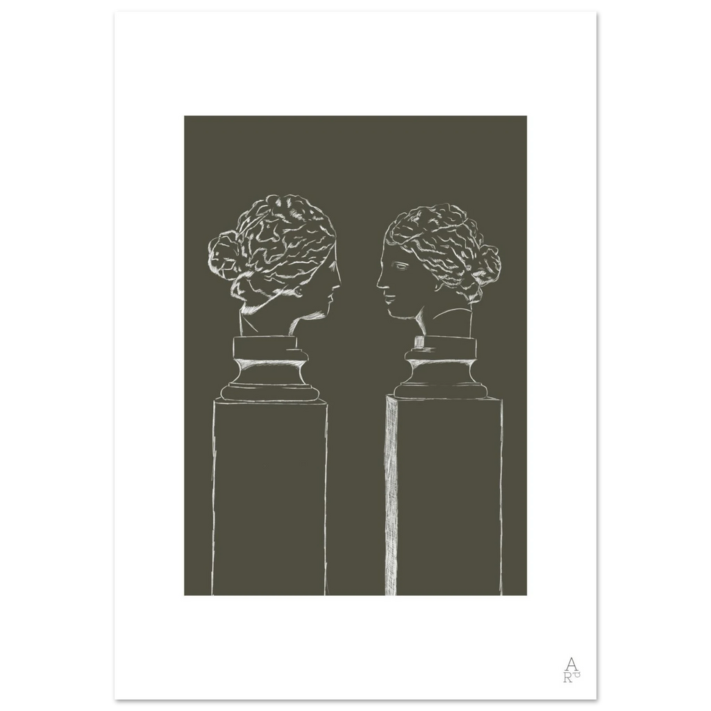 Double buste kaki, bustes antiques face à face – affiche d'Aude de Riberolles