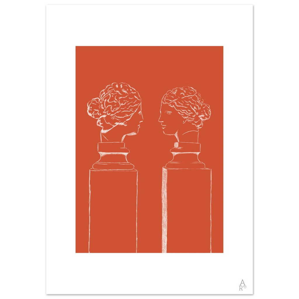Double buste orange vif, bustes antiques sur fond orange – affiche d'Aude de Riberolles