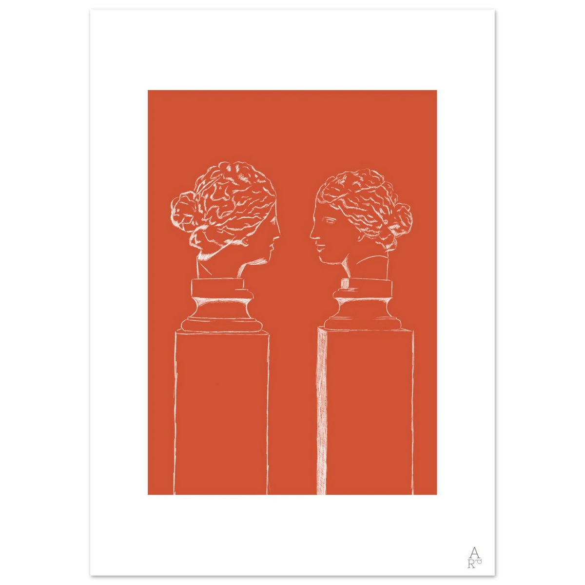 Double buste orange vif, bustes antiques sur fond orange – affiche d'Aude de Riberolles