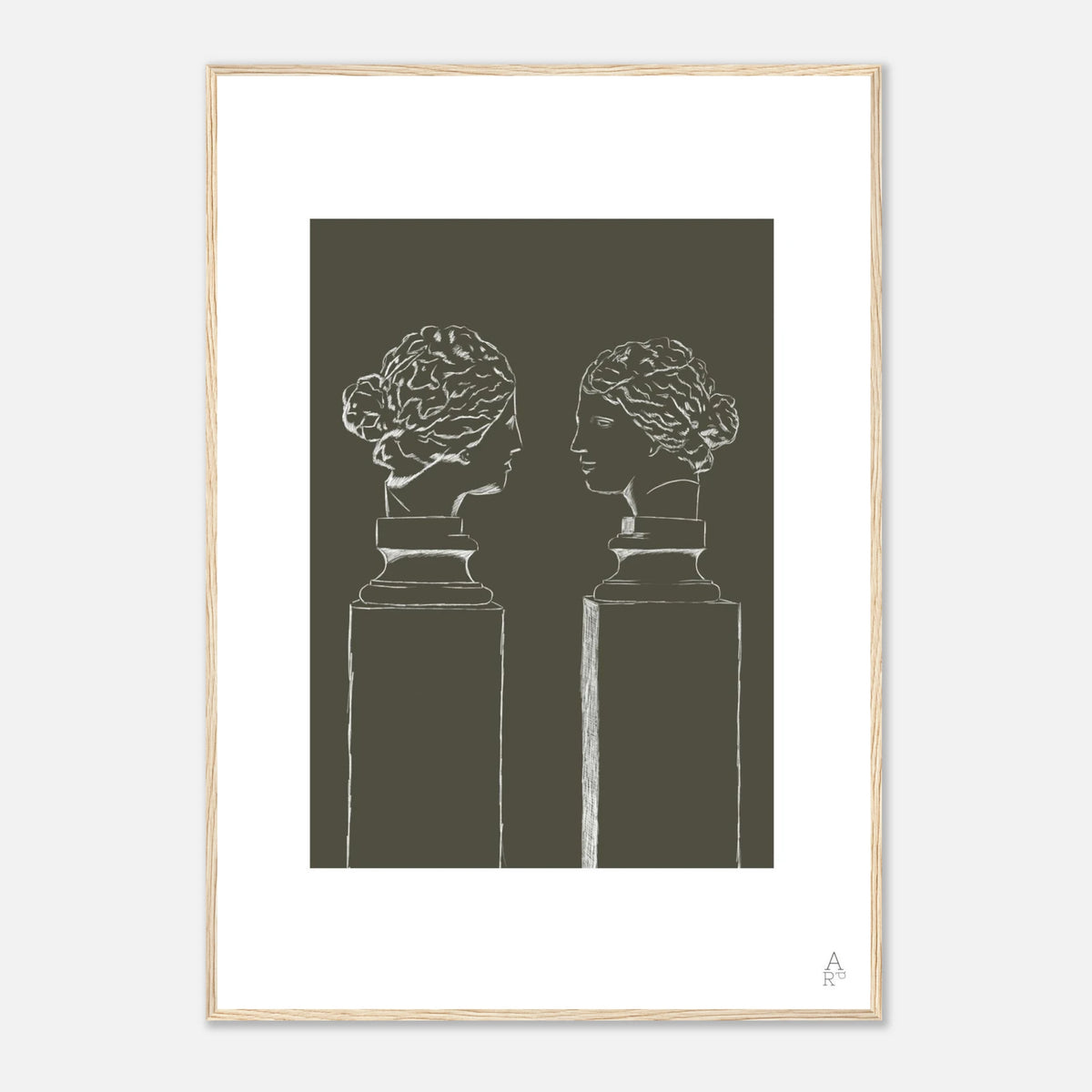 Affiche encadrée Double buste kaki, bustes antiques au crayon sur fond kaki – Aude de Riberolles