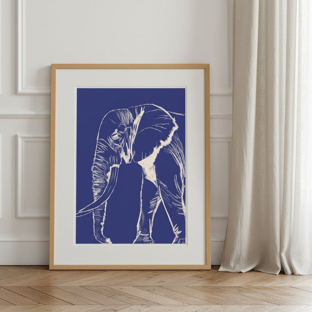 L'éléphant version bleu, œuvre originale au crayon signée Aude de Riberolles – affiche