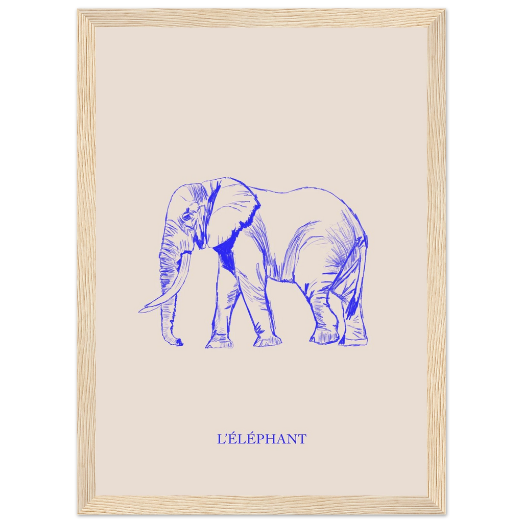 L'éléphant bleu électrique, imprimé sur papier mat premium, prêt à accrocher