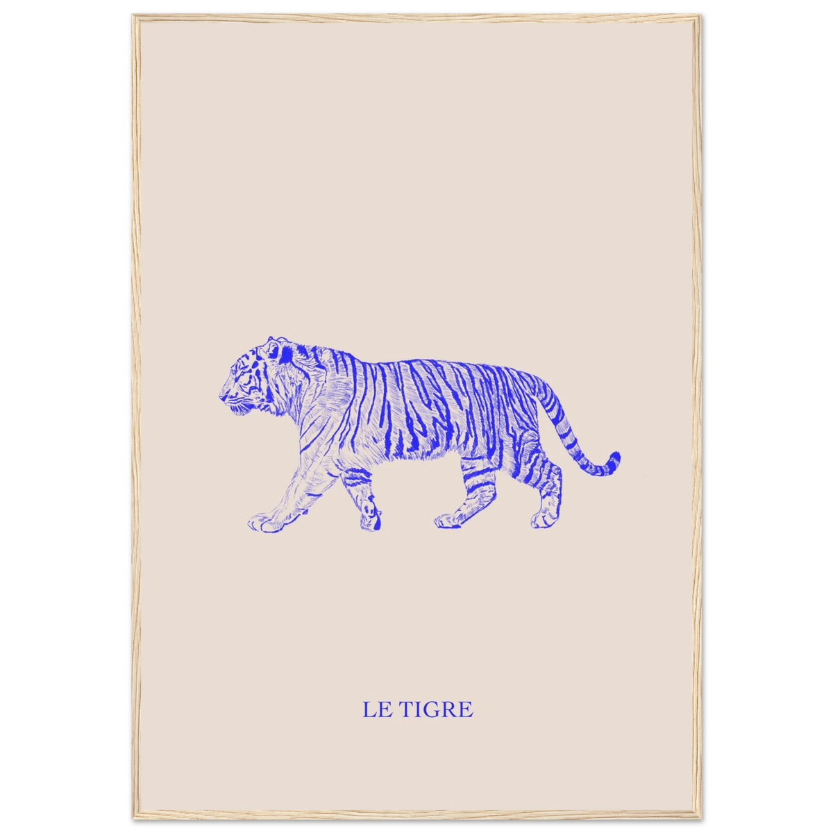 Le tigre bleu électrique, imprimé sur papier mat premium, prêt à accrocher