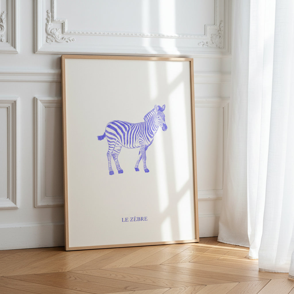 Le zèbre bleu électrique, imprimé sur papier mat premium, prêt à accrocher