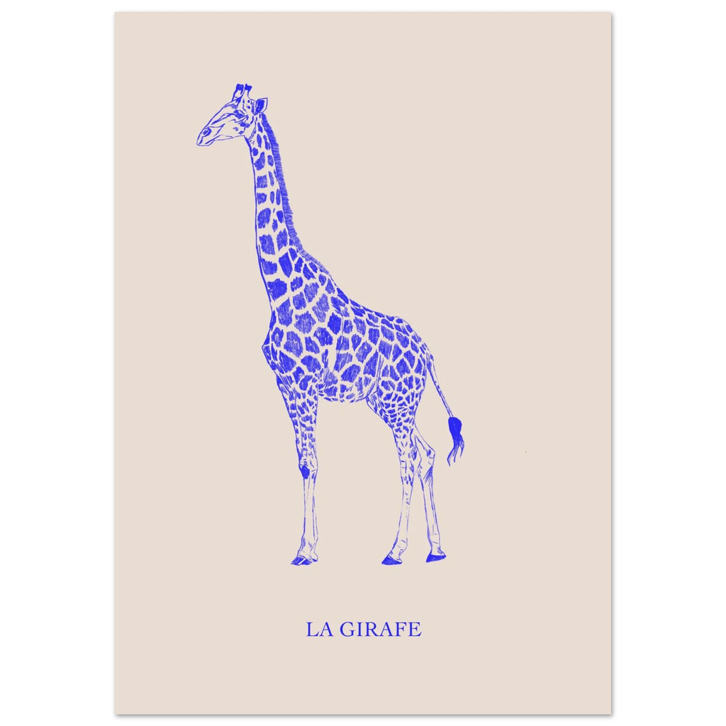 La girafe bleu électrique, dessin au crayon aux nuances vibrantes