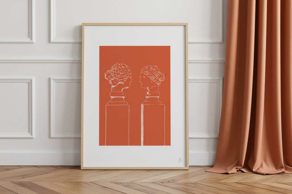 Affiche Double buste orange vif, art antique et design graphique – ADR Gallery