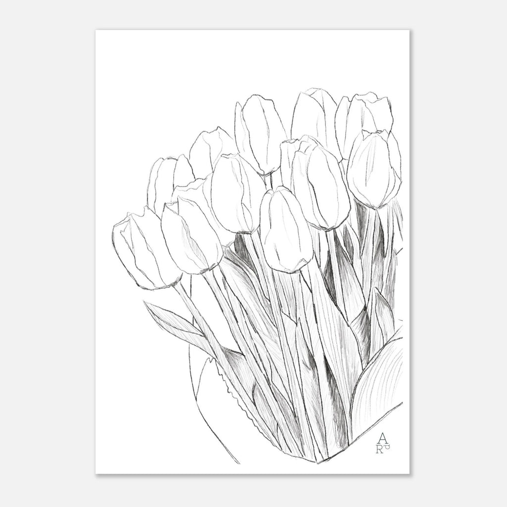 Tulip bouquet au mur, affiche florale au crayon signée Aude de Riberolles