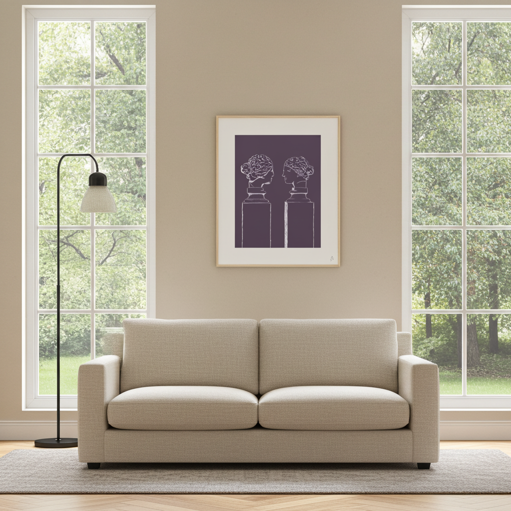 Affiche encadrée Double buste violet d'Aude de Riberolles dans un intérieur