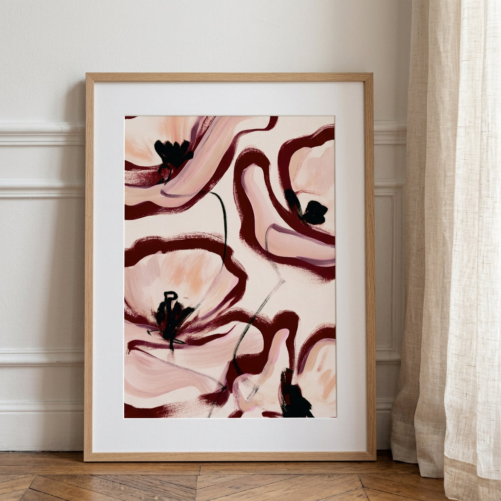 Affiche Grande peinture fleurs abstraites rose poudré bordeaux en décoration murale – ADR Gallery