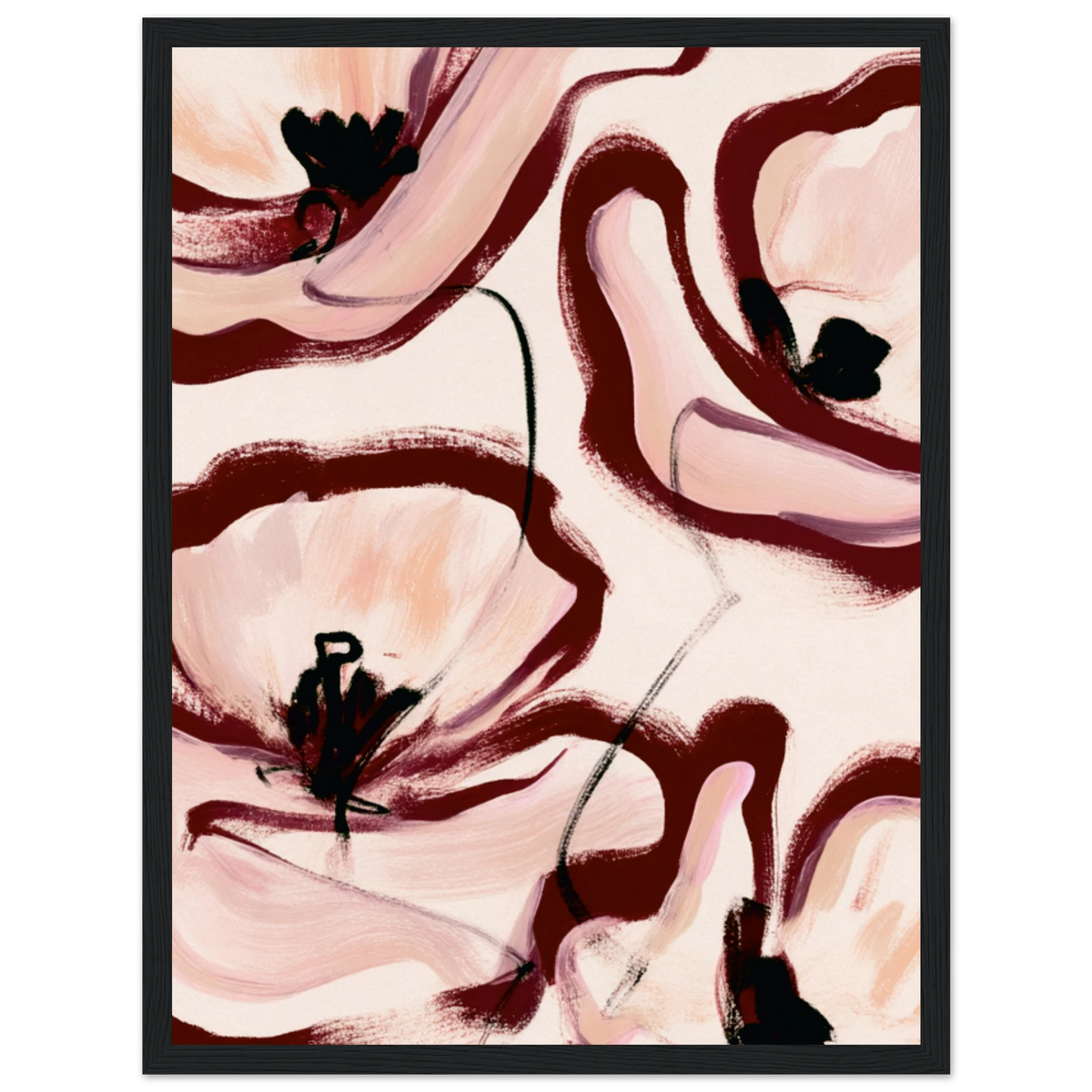 Grande peinture fleurs abstraites rose poudré bordeaux dans un intérieur, affiche encadrée – ADR Gallery
