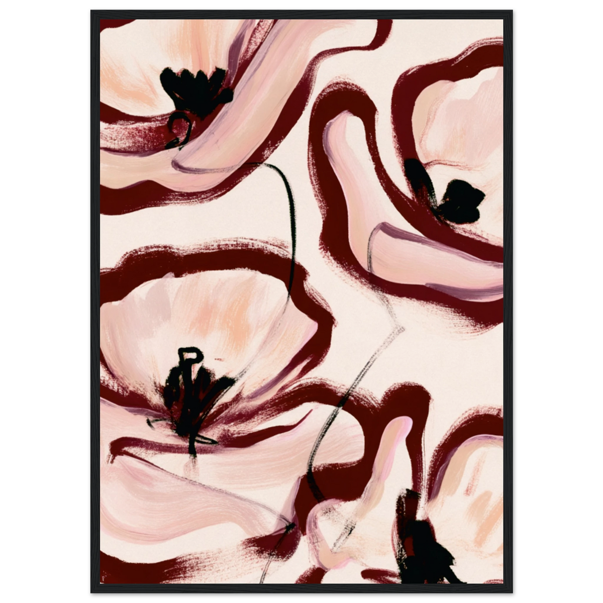 Grande peinture fleurs abstraites rose poudré bordeaux, affiche encadrée sur papier mat premium – ADR Gallery