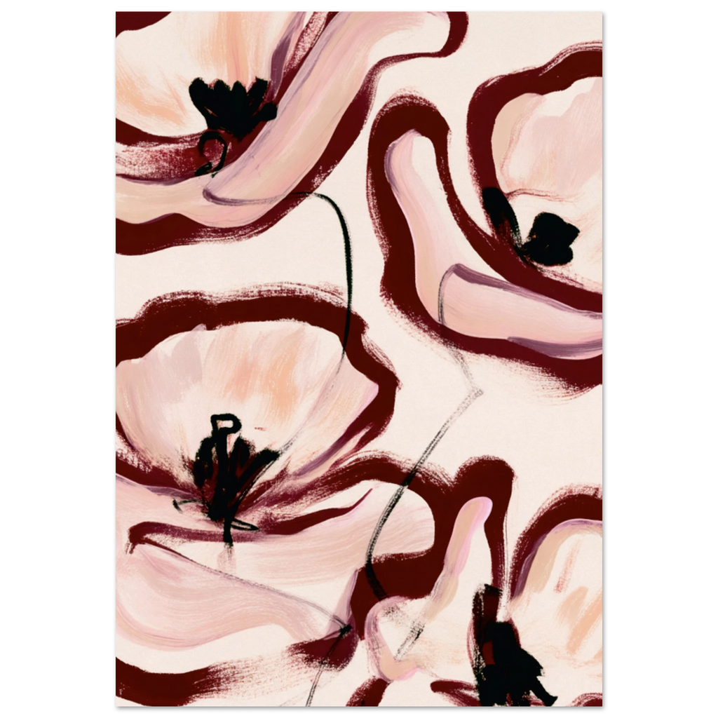 Grande peinture fleurs abstraites rose poudré bordeaux, affiche d’art – ADR Gallery