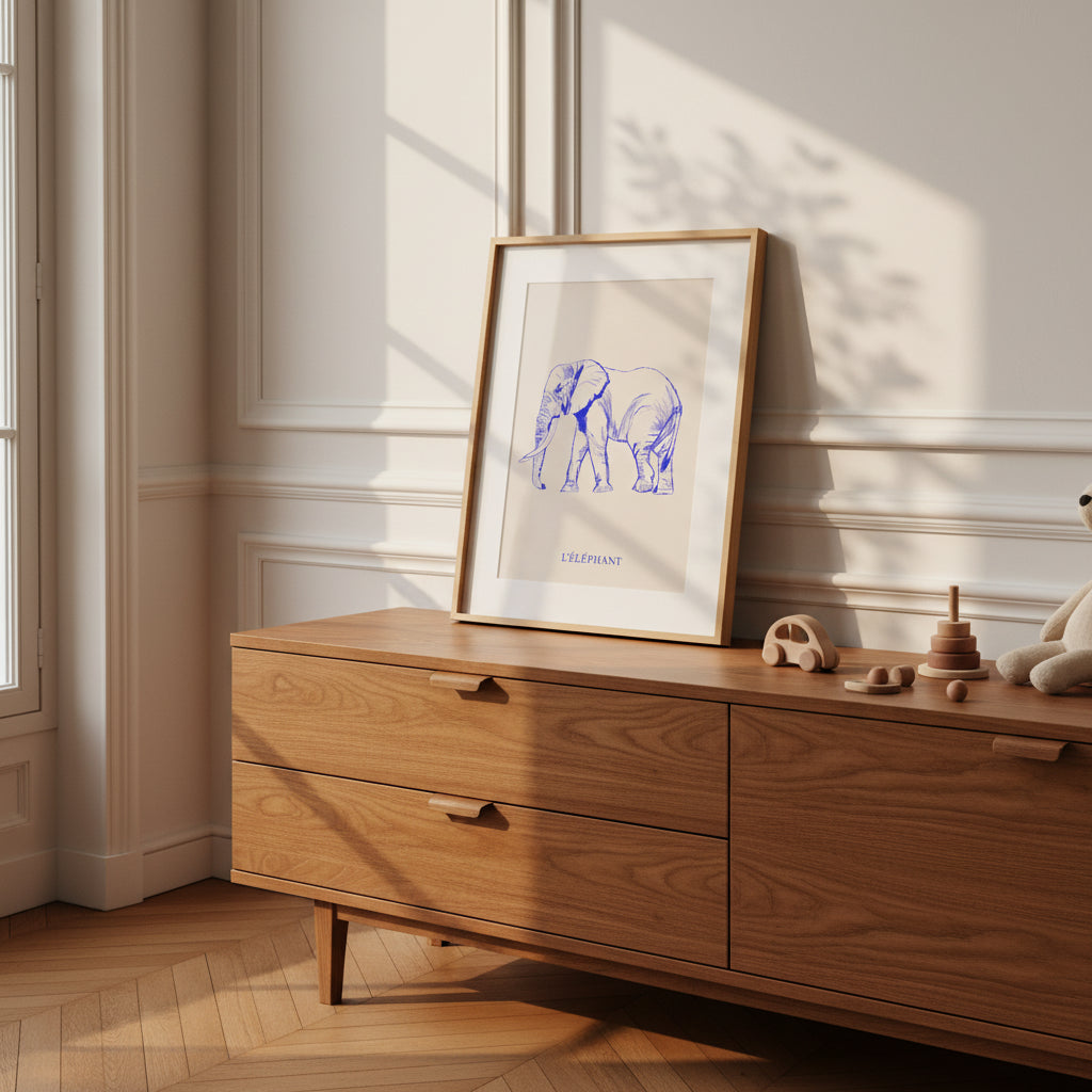 L'éléphant, version bleu électrique, illustration au crayon d'Aude de Riberolles – affiche pour chambre d'enfant
