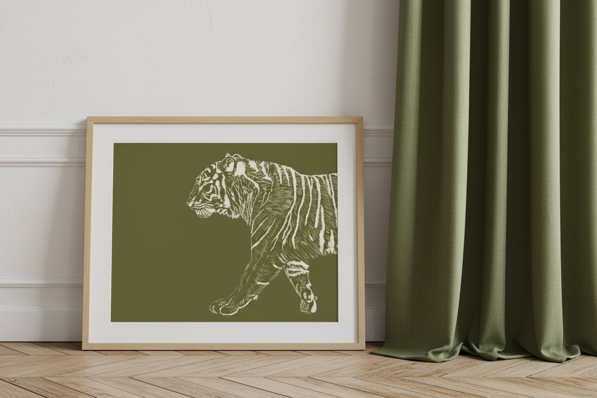 Le tigre, version vert, affiche illustrée au crayon par Aude de Riberolles – visuel 2