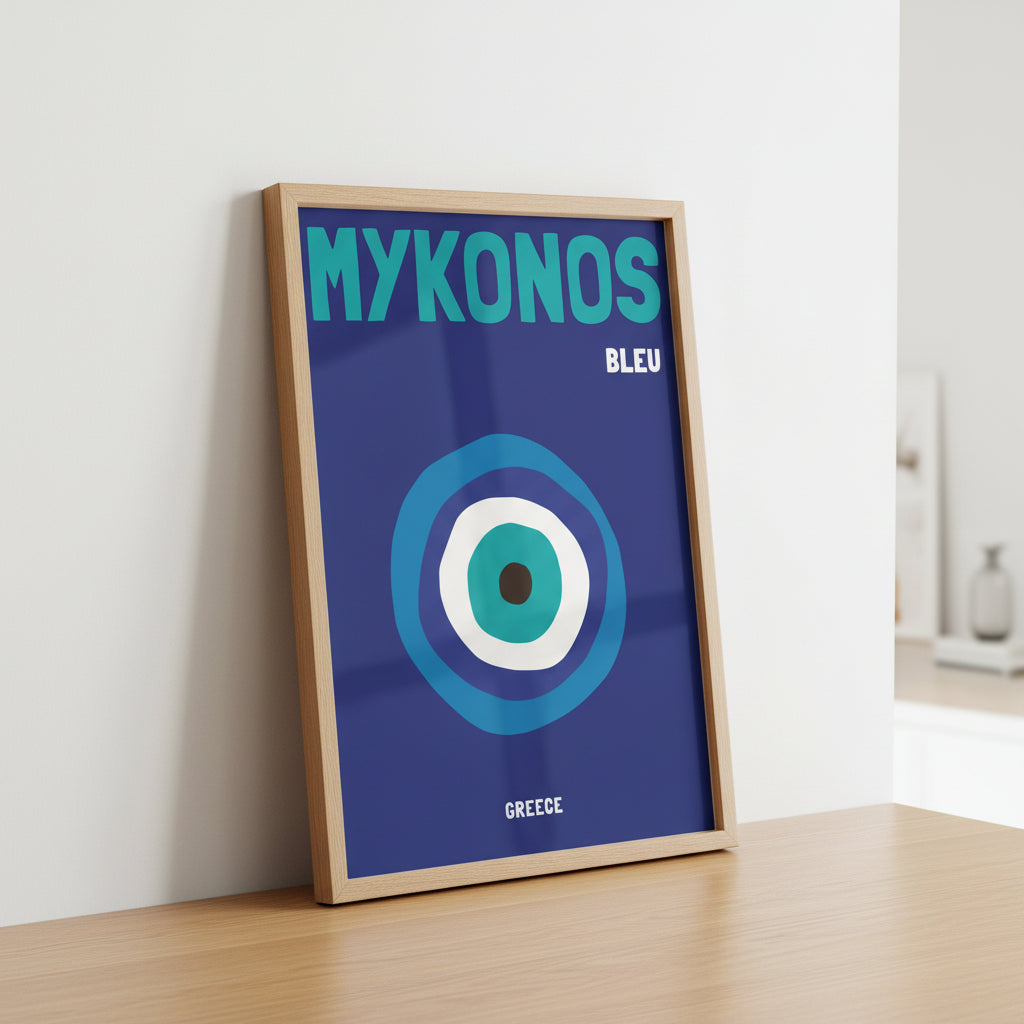 Affiche graphique Mykonos Bleu, destination soleil et voyage – ADR Gallery