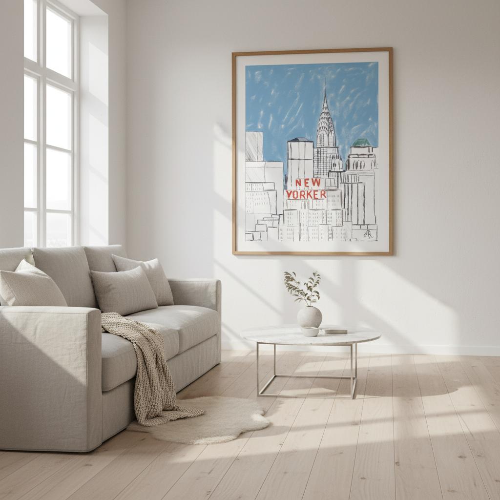 Affiche New Yorker building au mur, ciel bleu et lettrage rouge NEW YORKER – Aude de Riberolles