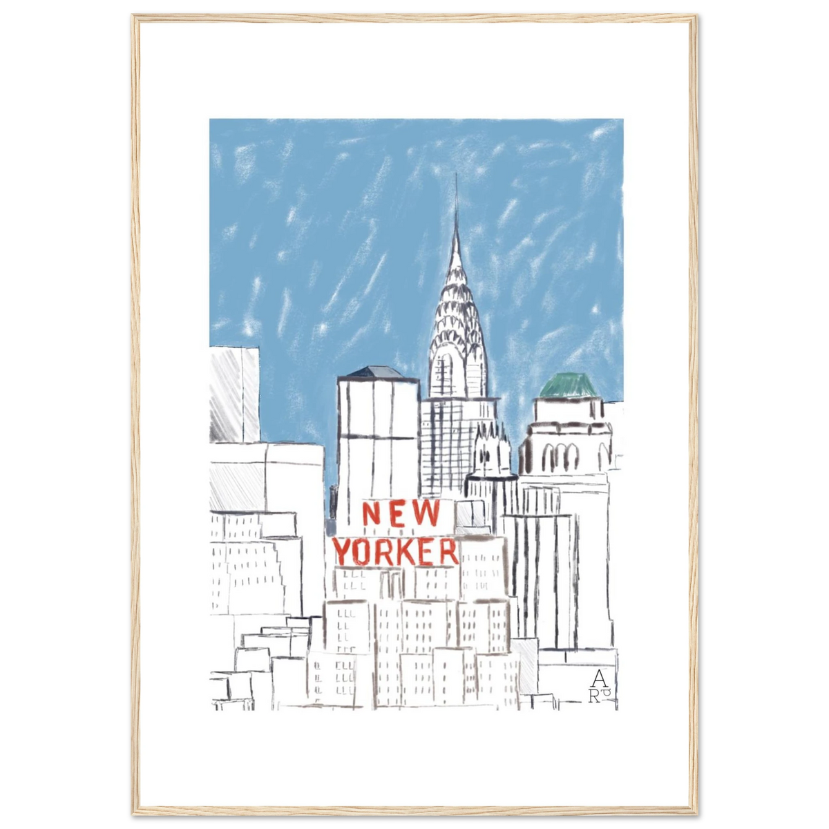 Affiche encadrée New Yorker building, cadre bois clair – illustration de New York par Aude de Riberolles