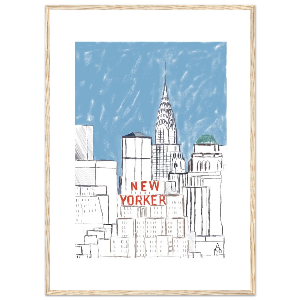New Yorker building, affiche encadrée d'Aude de Riberolles, best-seller ADR Gallery