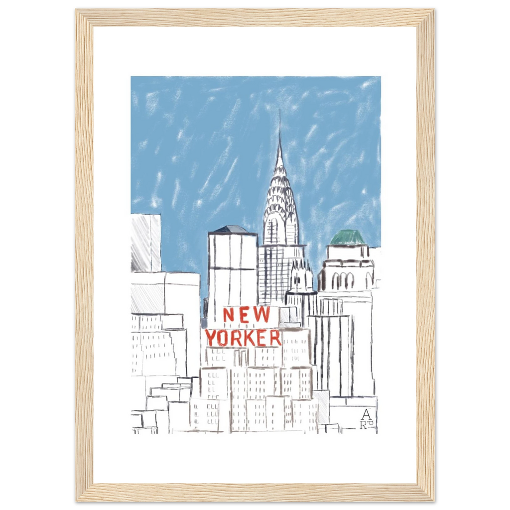 Affiche encadrée New Yorker building au mur, illustration urbaine d'Aude de Riberolles