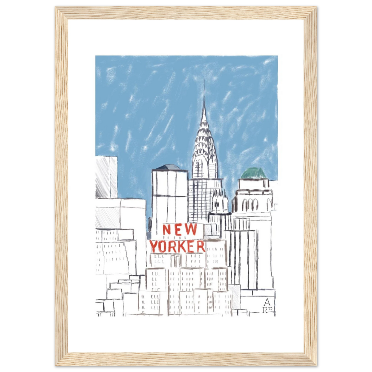 Affiche encadrée New Yorker building au mur, illustration urbaine d'Aude de Riberolles