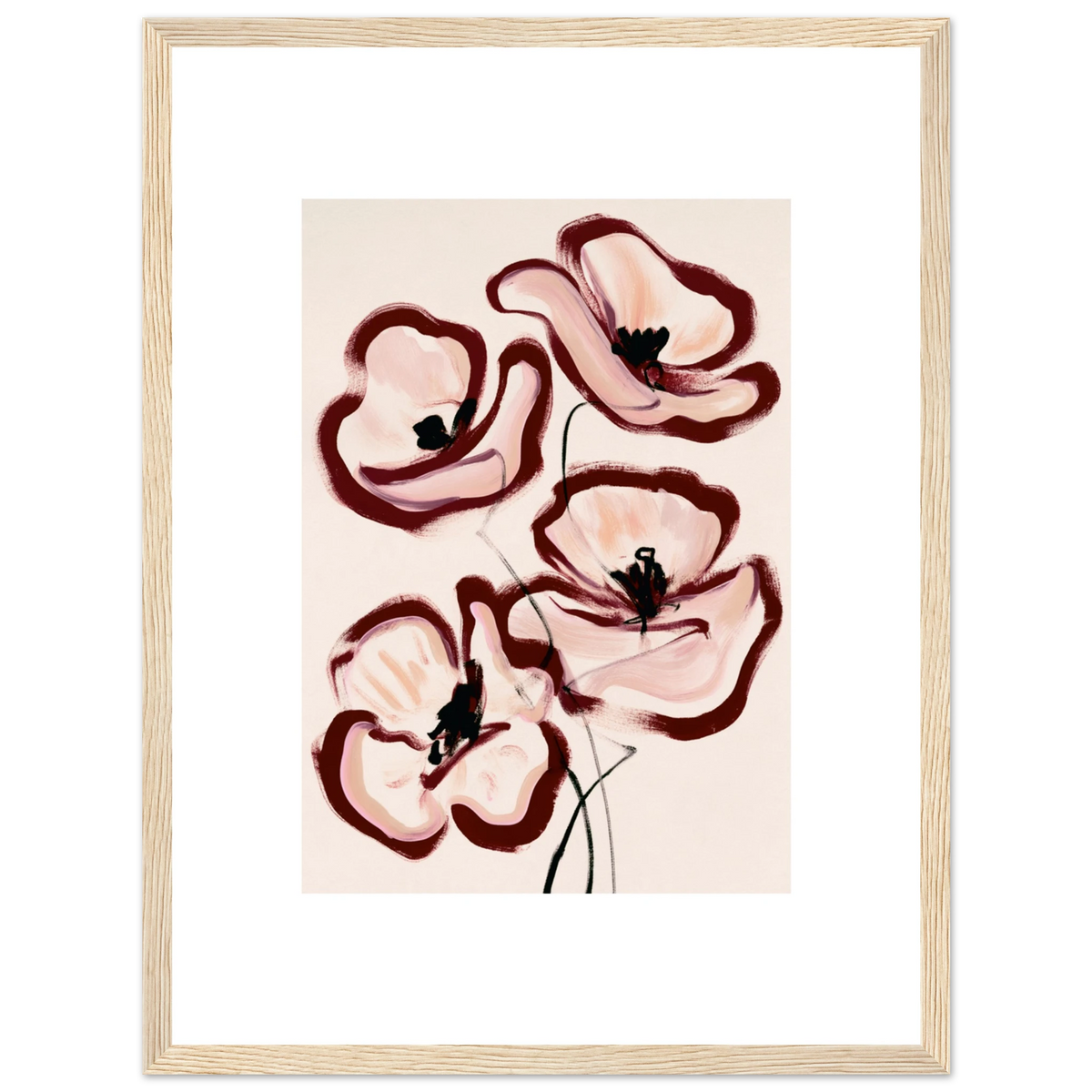 Affiche encadrée Peinture fleurs abstraites rose poudré bordeaux en décoration murale – ADR Gallery