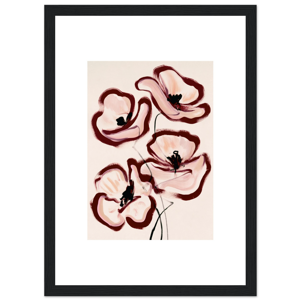 Peinture fleurs abstraites rose poudré bordeaux dans un intérieur, affiche encadrée – ADR Gallery
