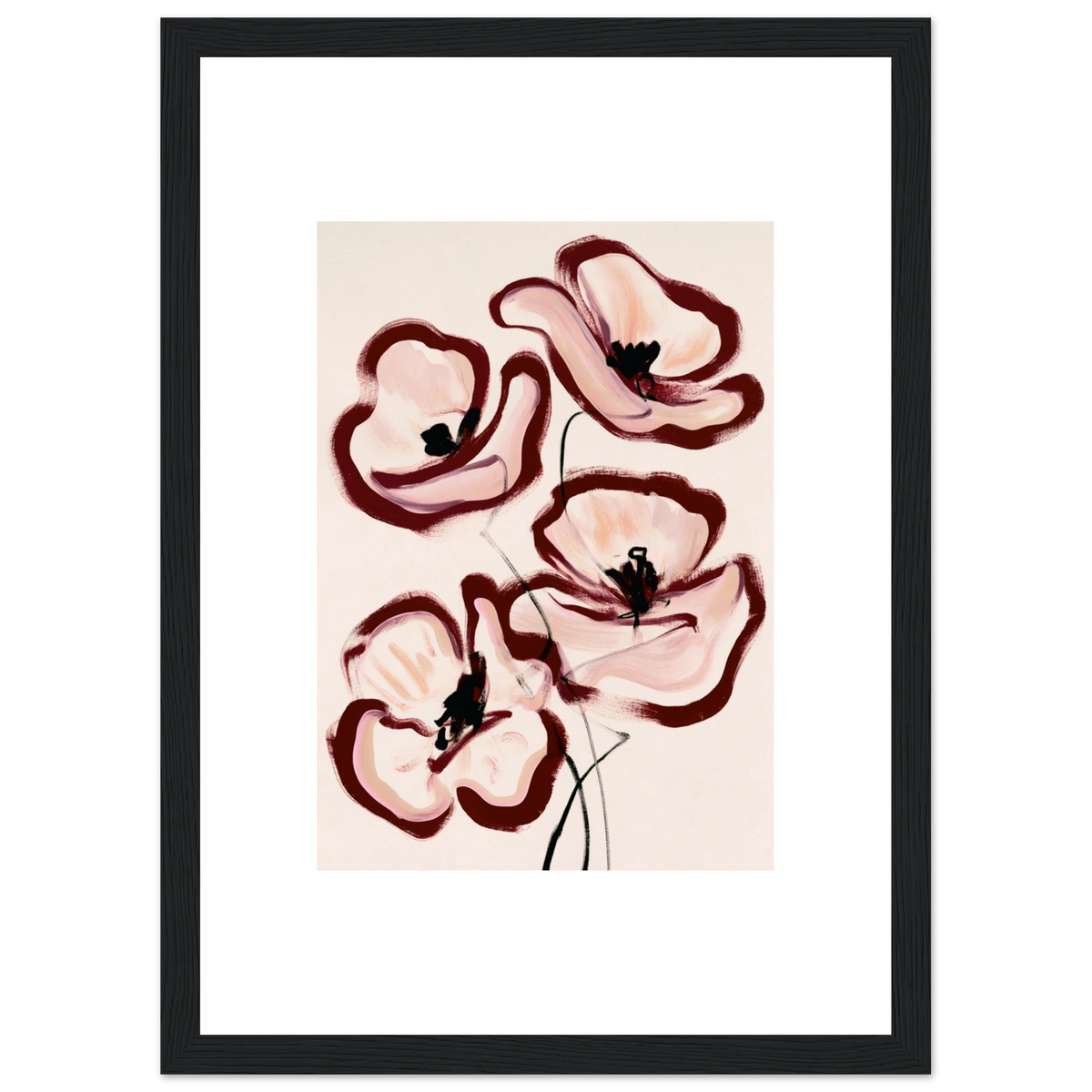Peinture fleurs abstraites rose poudré bordeaux dans un intérieur, affiche encadrée – ADR Gallery