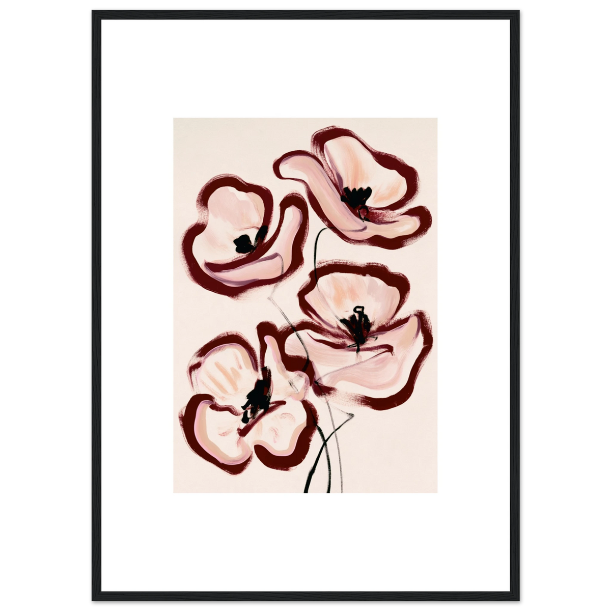 Peinture fleurs abstraites rose poudré bordeaux, affiche encadrée sur papier mat premium – ADR Gallery