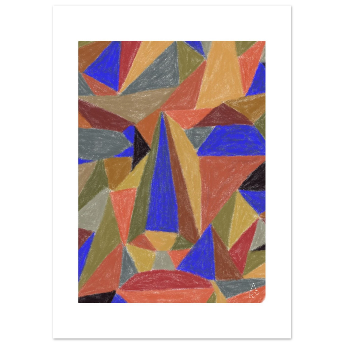 The Face Patchwork N°1, visage géométrique coloré à la craie d'art par Aude de Riberolles – affiche d'art