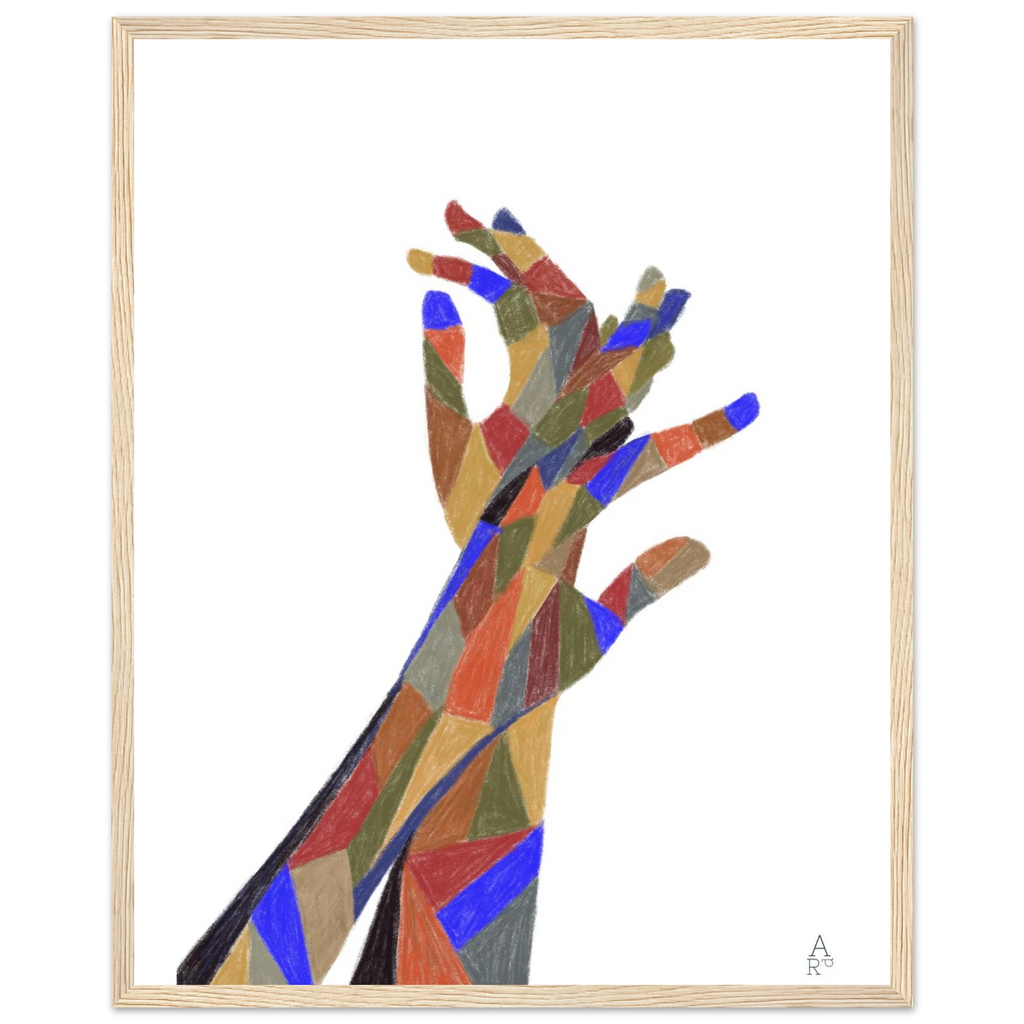 The Hands Patchwork N°1 en cadre bois clair – affiche d'Aude de Riberolles