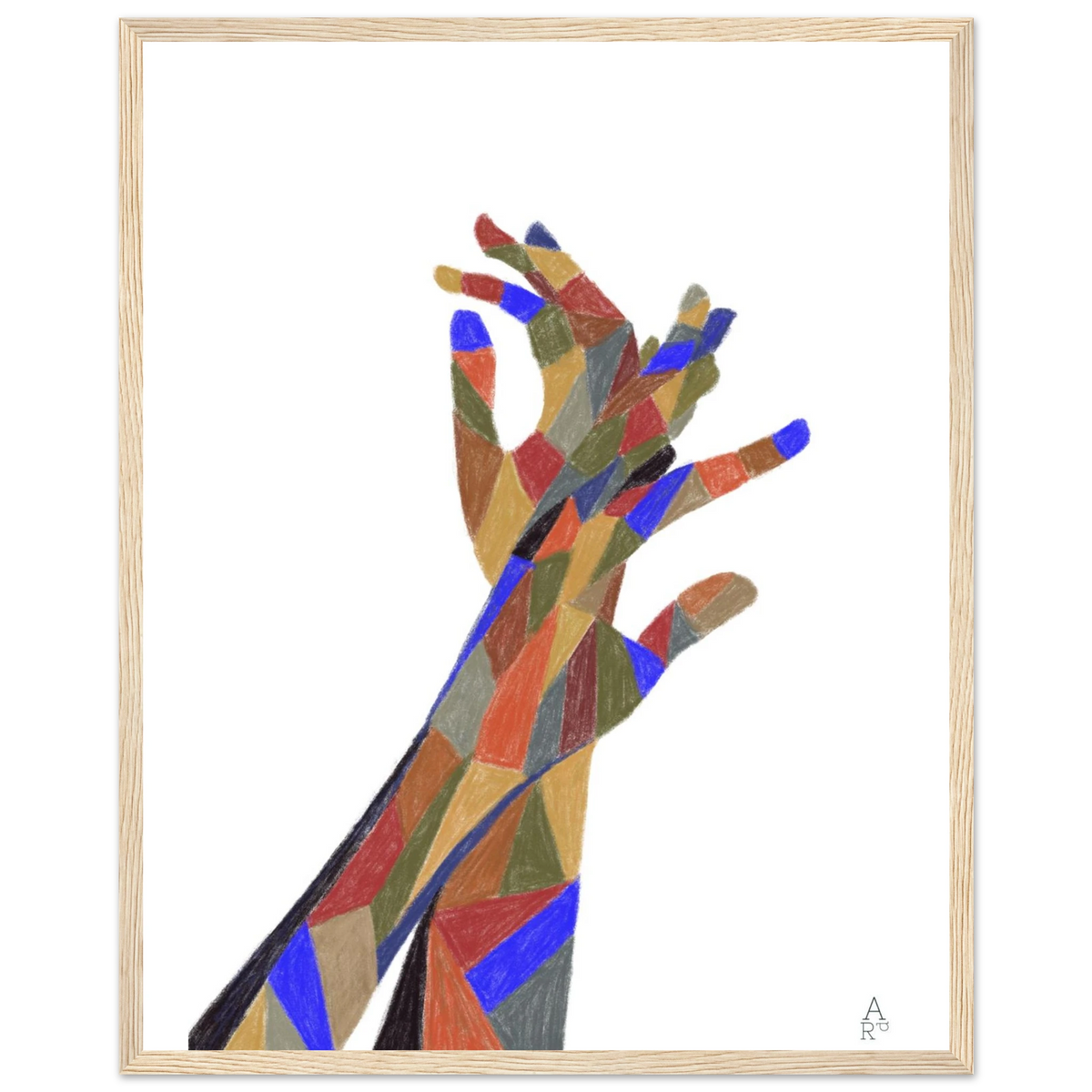 The Hands Patchwork N°1 en cadre bois clair – affiche d'Aude de Riberolles