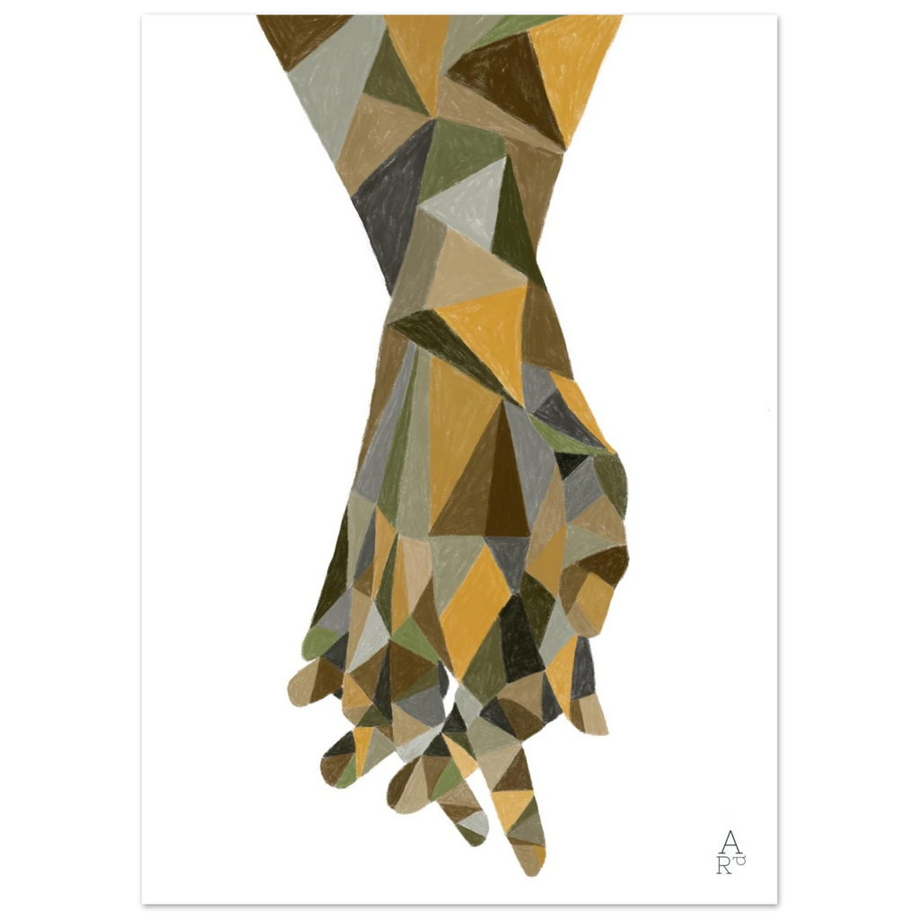 The Hands Patchwork N°2, deux mains entrelacées en formes géométriques à la craie d'art – Aude de Riberolles
