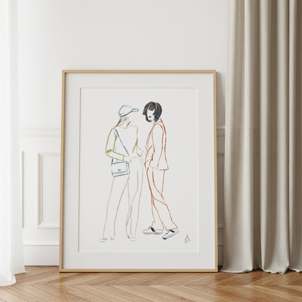 Two girls in NY, illustration à la craie d'art d'Aude de Riberolles en décoration murale